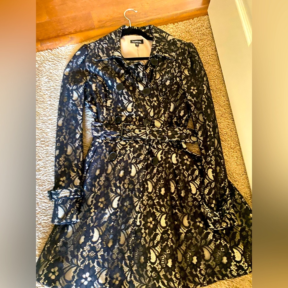 COPY - Black Bebe trench coat with lace  overlay- worn only once- like new